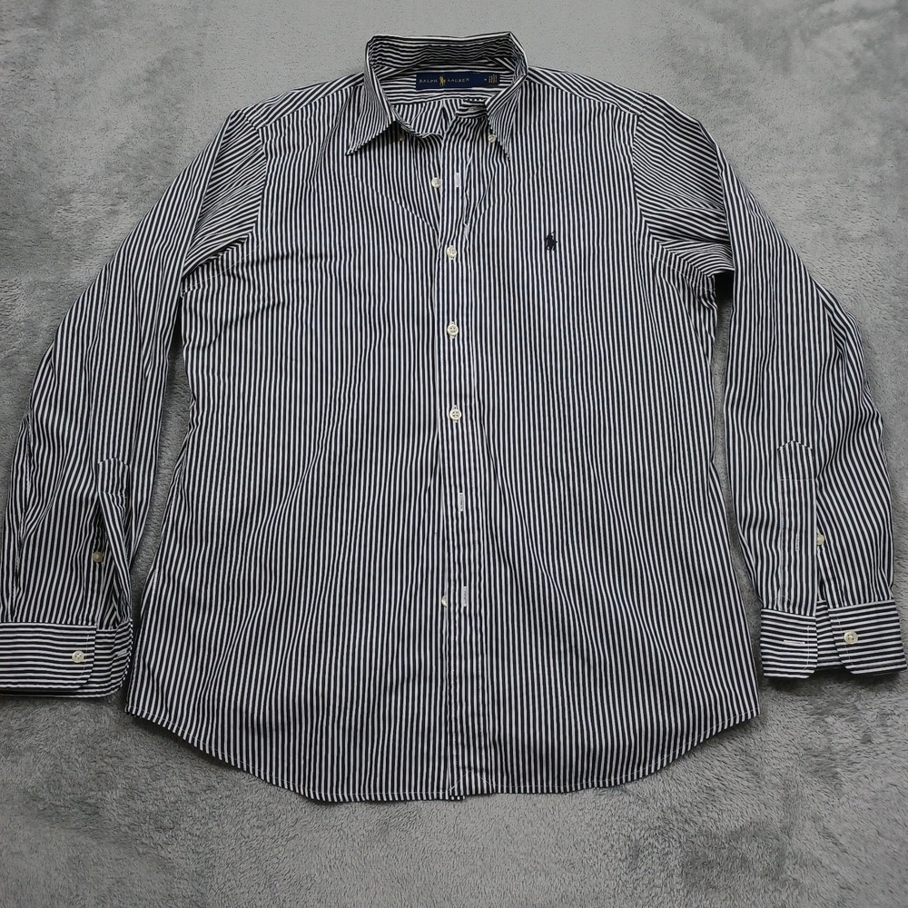 Ralph Lauren Shirt Mens Medium Black Striped Classic Fit Cotton Long Sleeve